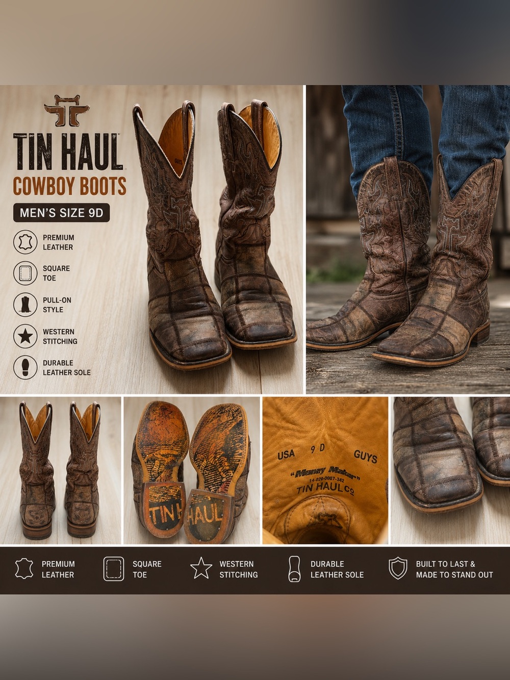 Tin Haul Patchwork Cowboy Boots Men’s Size 9D Brown Distressed Leather Square